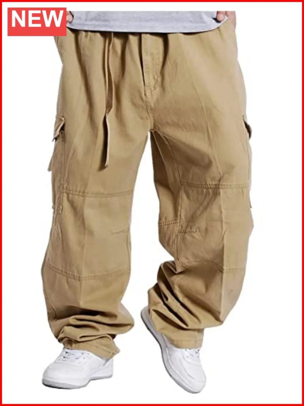Men's Baggy Cargo Pants Elastic Waist Cotton Twill Straight Leg 6 Pockets